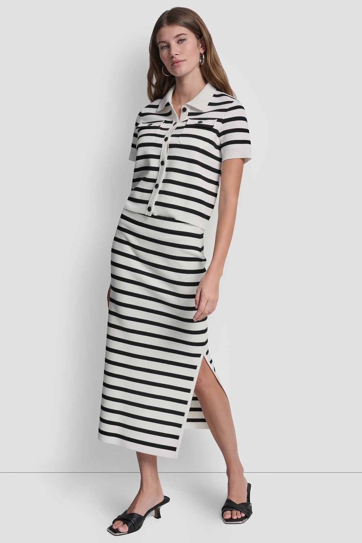 DKNY STRIPED MIDI SKIRT WITH SIDE SLIT