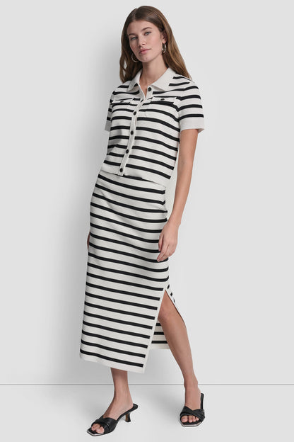 DKNY STRIPED MIDI SKIRT WITH SIDE SLIT