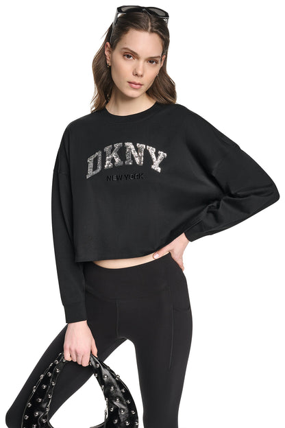 DKNY CROPPED SEQUIN VARSITY LOGO TEE