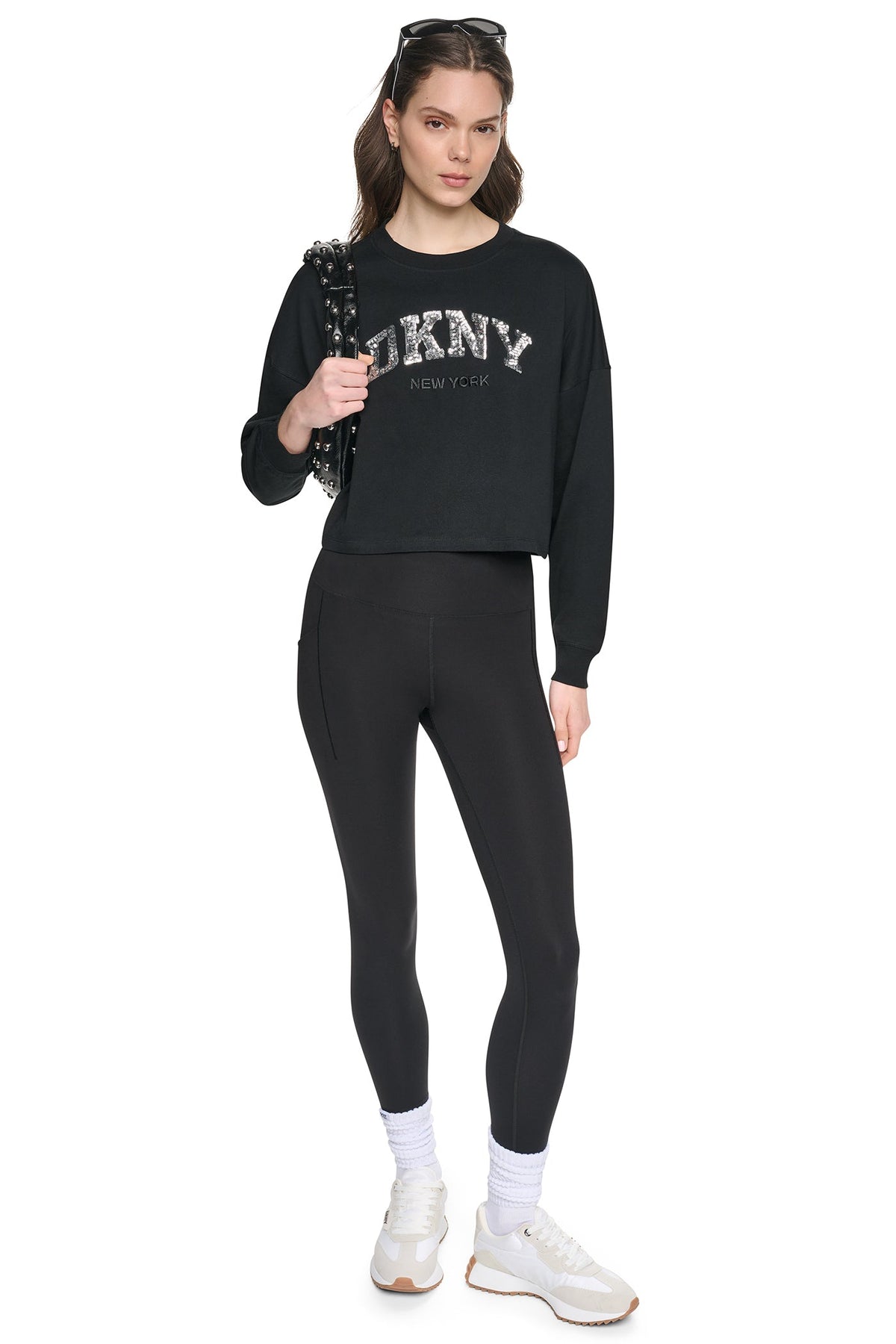 DKNY CROPPED SEQUIN VARSITY LOGO TEE