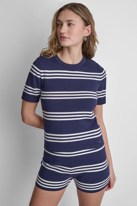 DKNY ELBOW SLEEVE STRIPED SWEATER