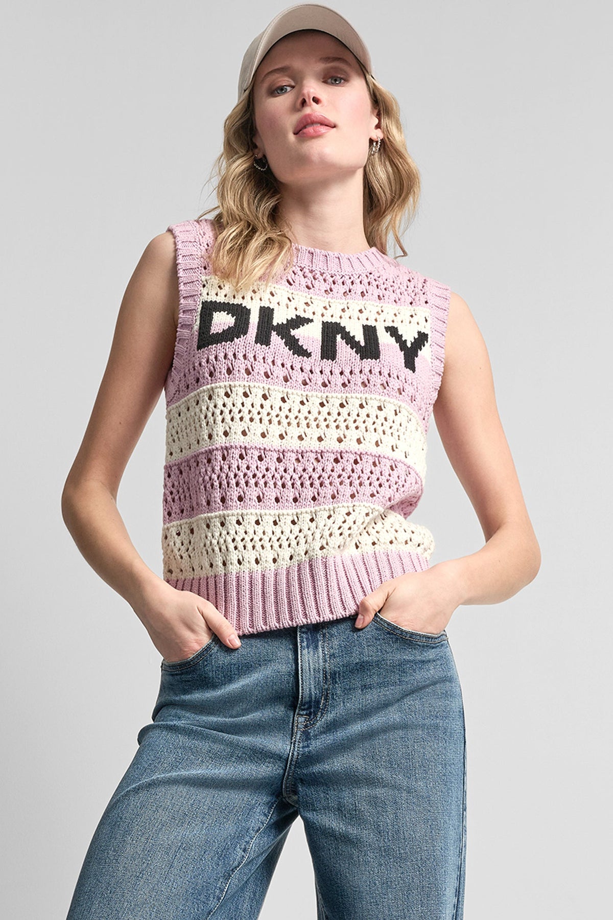 DKNY STRIPED POINTELLE STITCH SWEATER