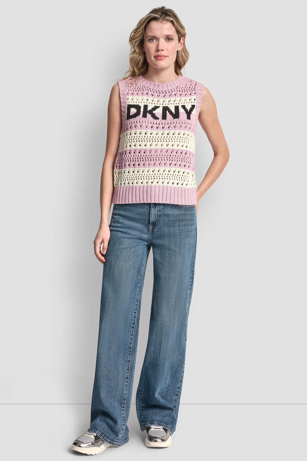 DKNY STRIPED POINTELLE STITCH SWEATER