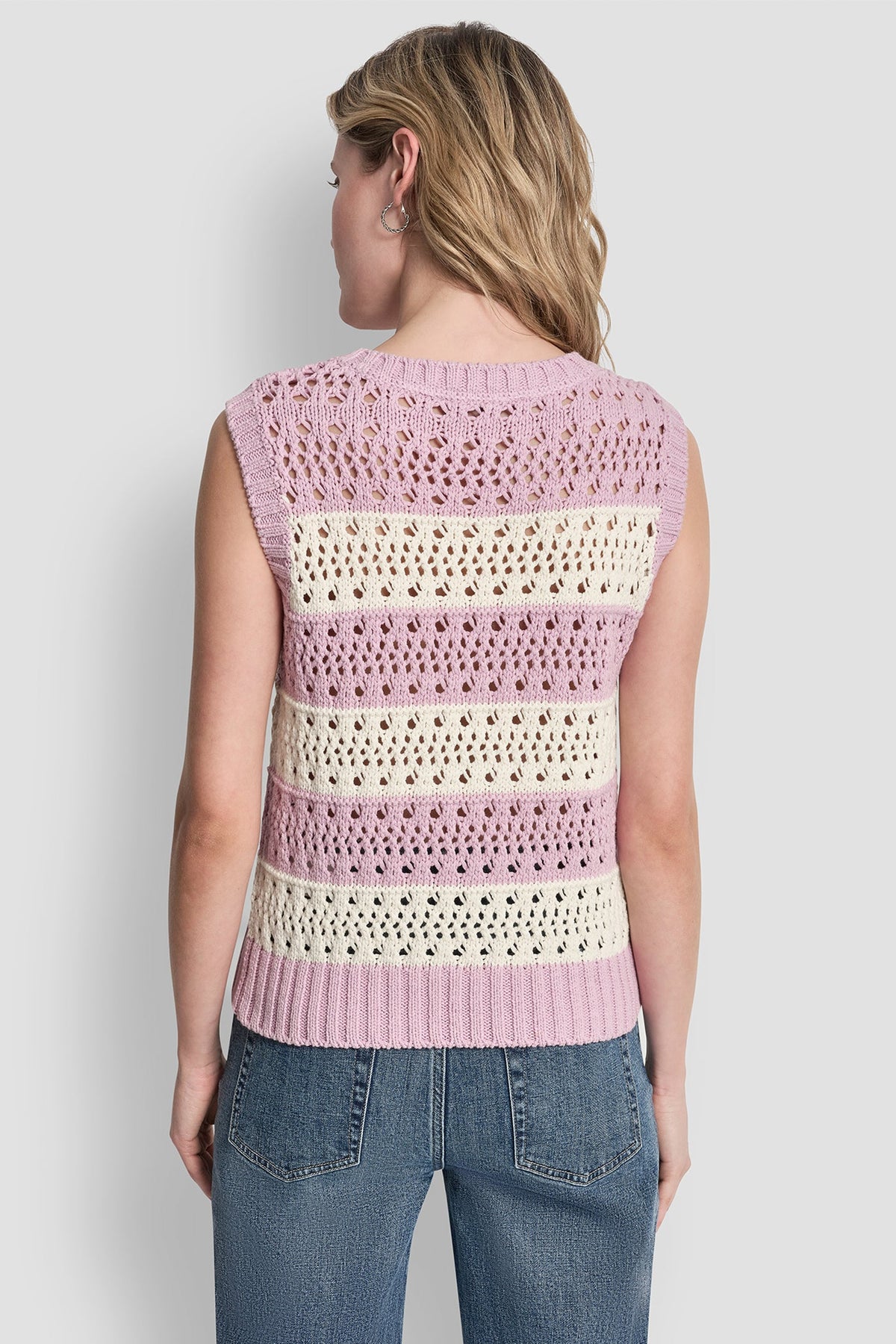 DKNY STRIPED POINTELLE STITCH SWEATER