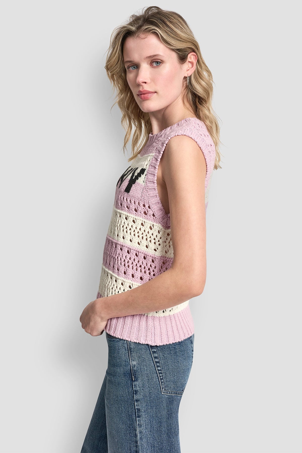 DKNY STRIPED POINTELLE STITCH SWEATER