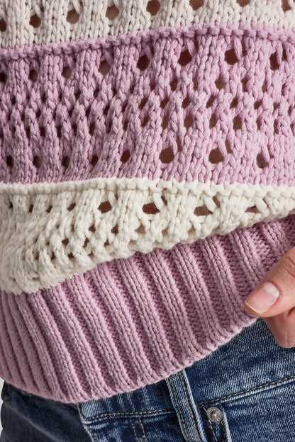 DKNY STRIPED POINTELLE STITCH SWEATER