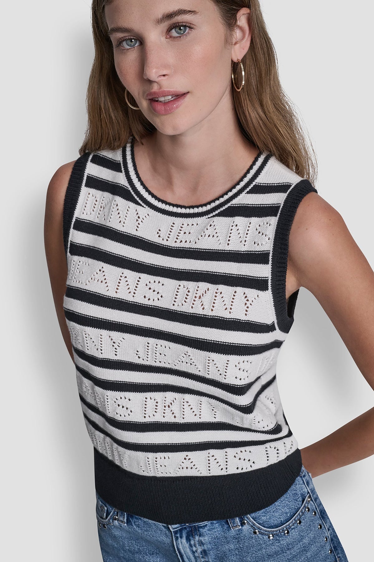 DKNY LOGO POINTELLE STRIPED SWEATER