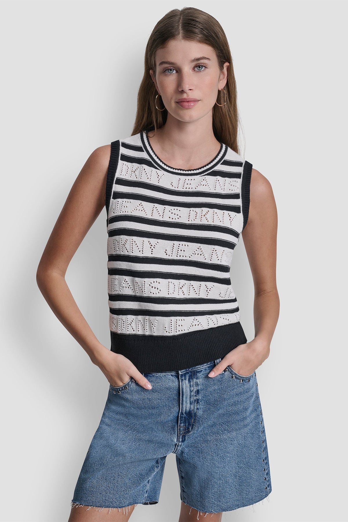 DKNY LOGO POINTELLE STRIPED SWEATER