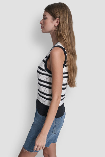 DKNY LOGO POINTELLE STRIPED SWEATER