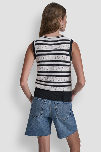 DKNY LOGO POINTELLE STRIPED SWEATER