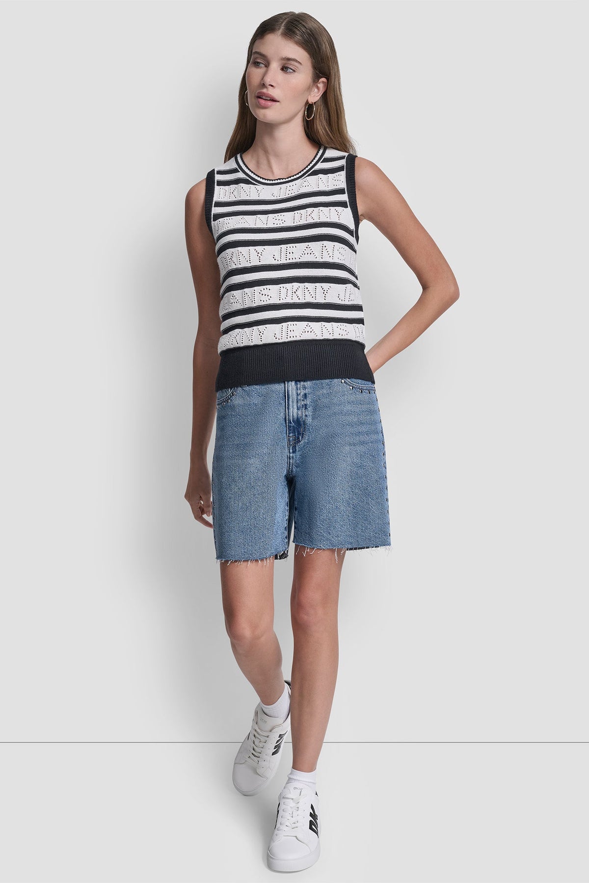 DKNY LOGO POINTELLE STRIPED SWEATER