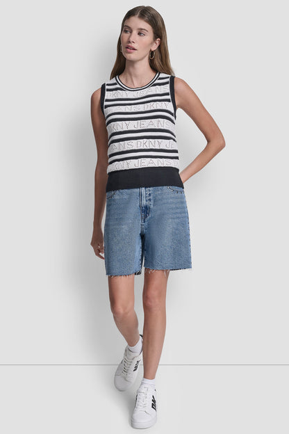 DKNY LOGO POINTELLE STRIPED SWEATER