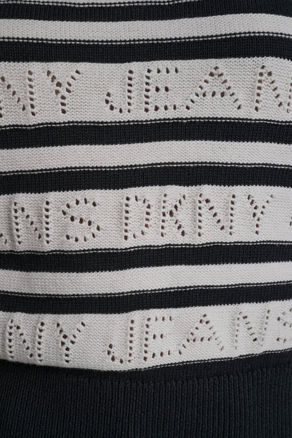 DKNY LOGO POINTELLE STRIPED SWEATER