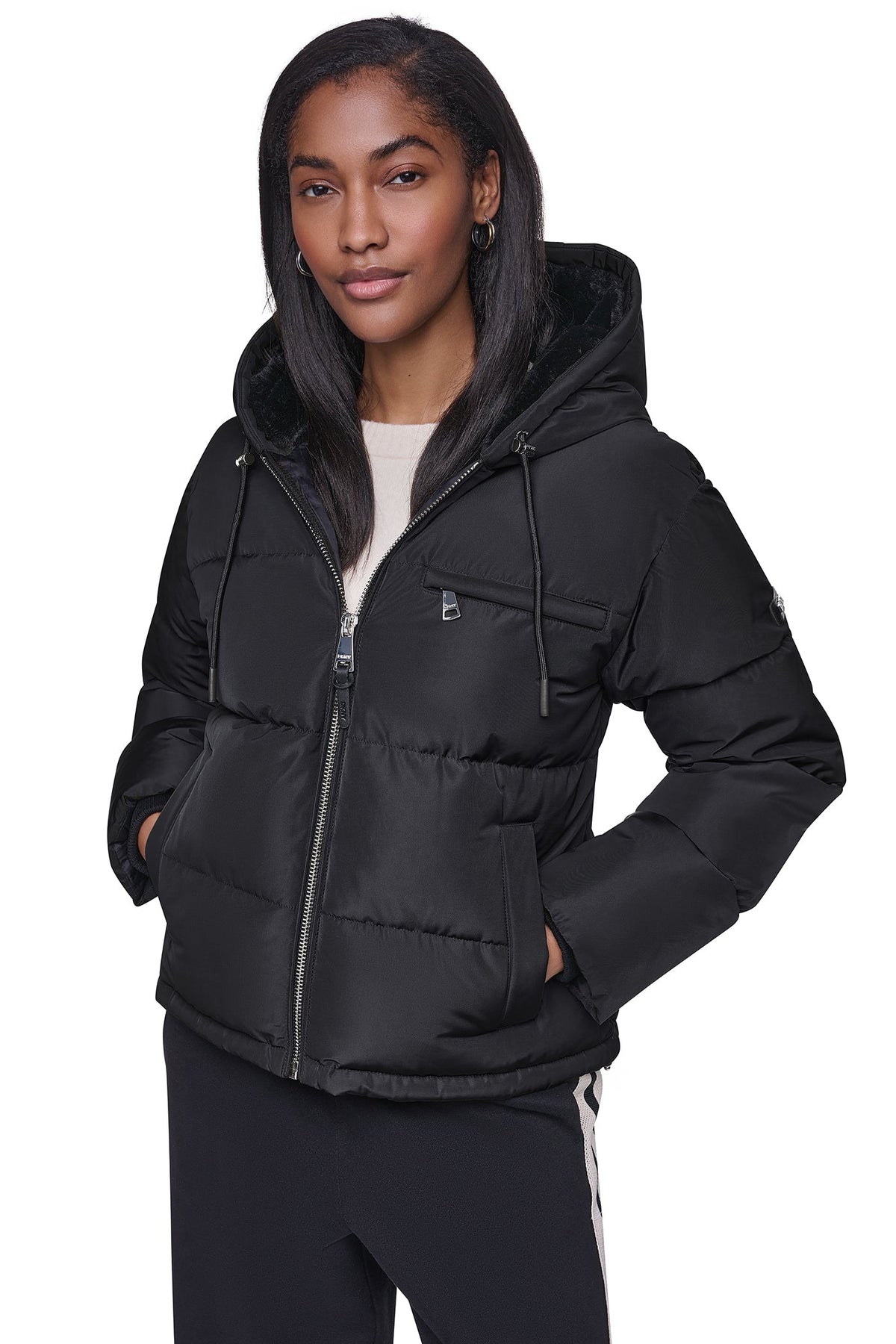 DKNY CONTRAST LINED SHORT HOODED PUFFER