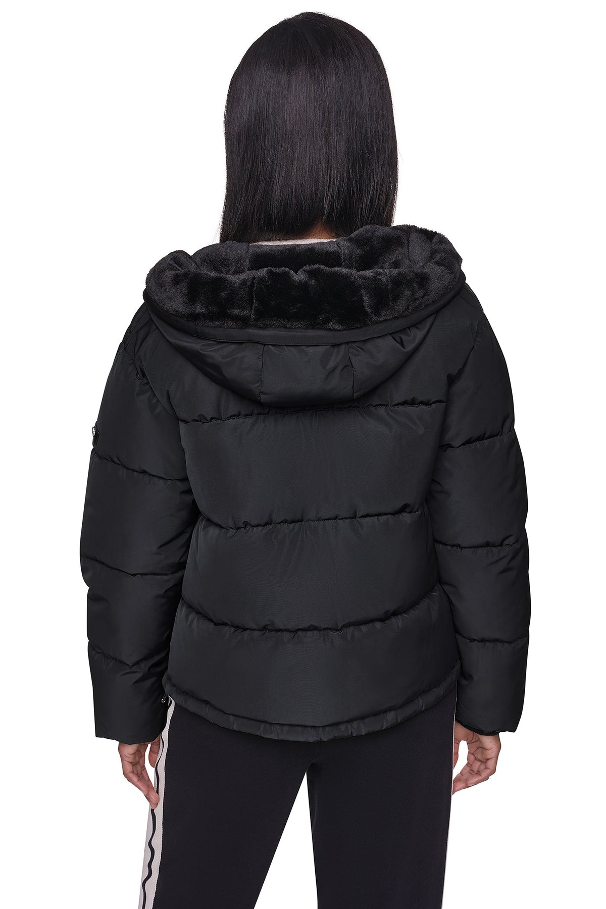 DKNY CONTRAST LINED SHORT HOODED PUFFER