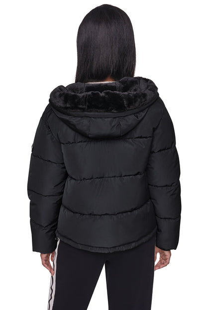 DKNY CONTRAST LINED SHORT HOODED PUFFER