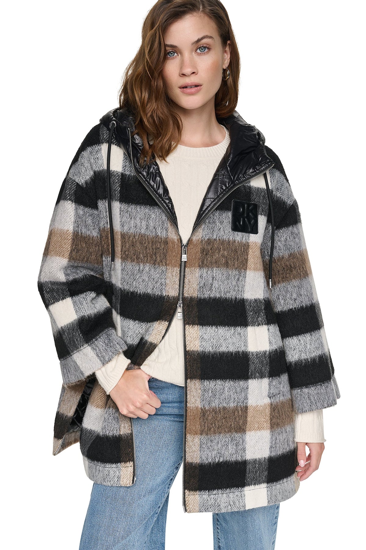 DKNY PLAID HOODED CAPE COAT