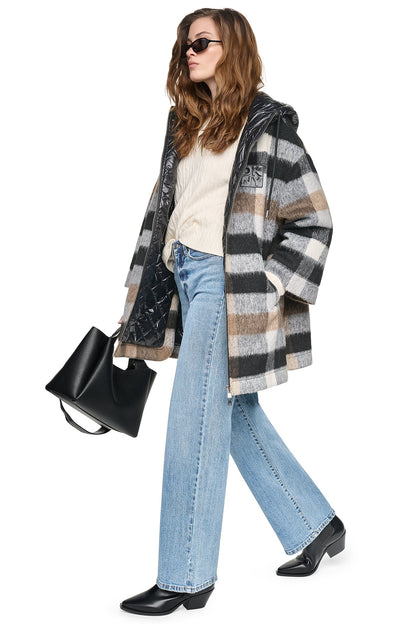 DKNY PLAID HOODED CAPE COAT