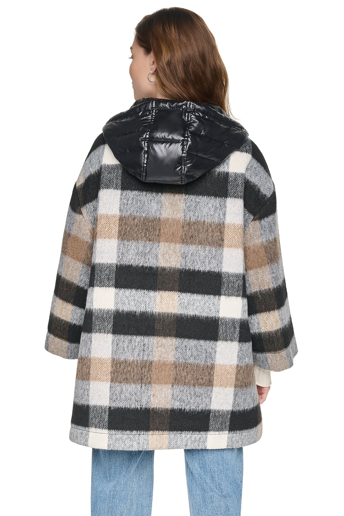 DKNY PLAID HOODED CAPE COAT