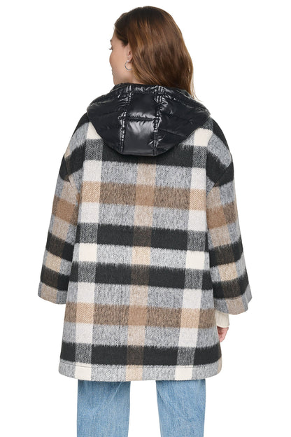 DKNY PLAID HOODED CAPE COAT