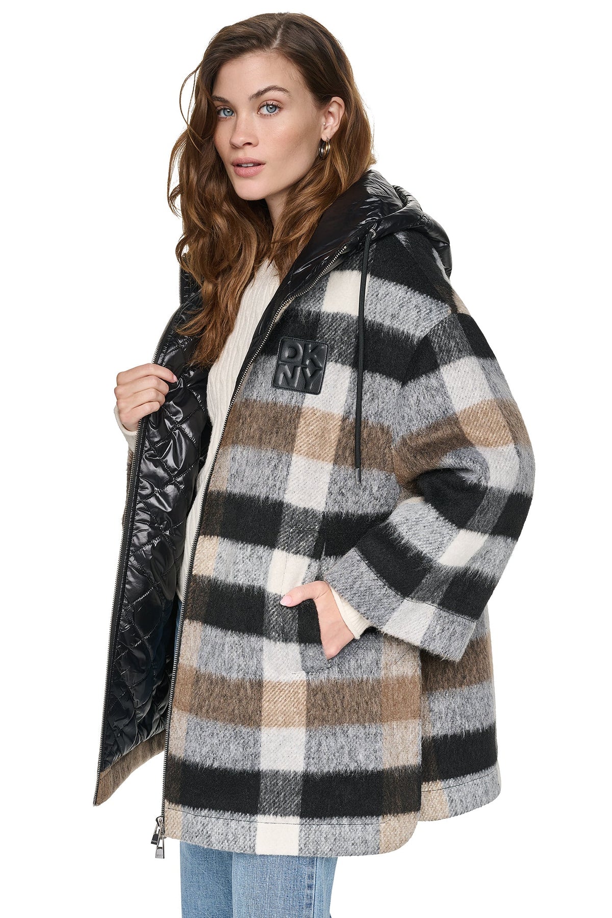 DKNY PLAID HOODED CAPE COAT