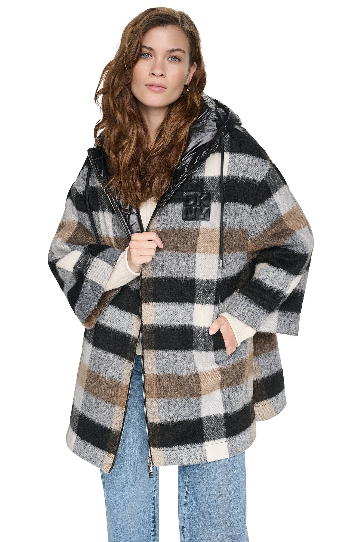 DKNY PLAID HOODED CAPE COAT