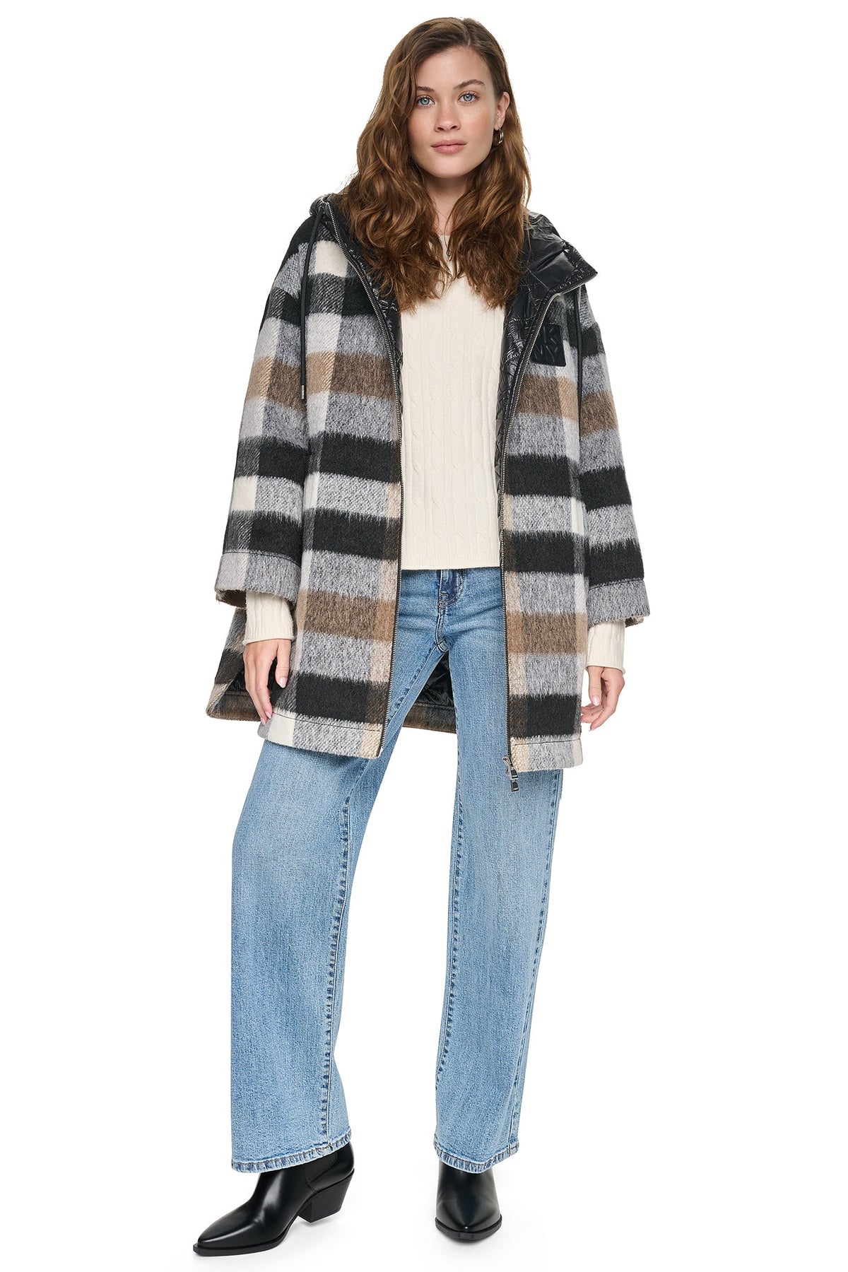 DKNY PLAID HOODED CAPE COAT