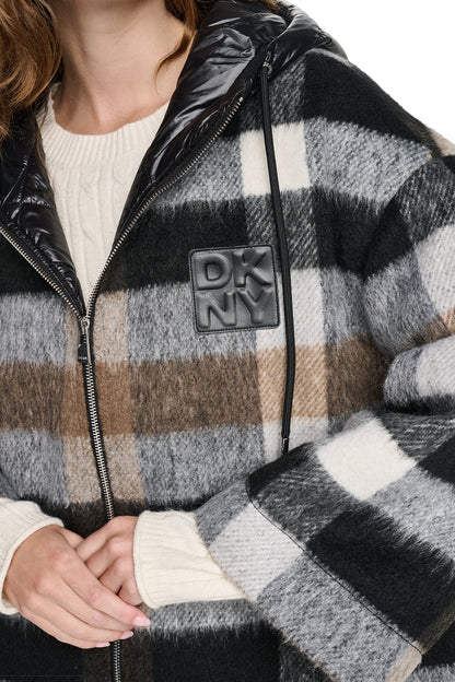 DKNY PLAID HOODED CAPE COAT