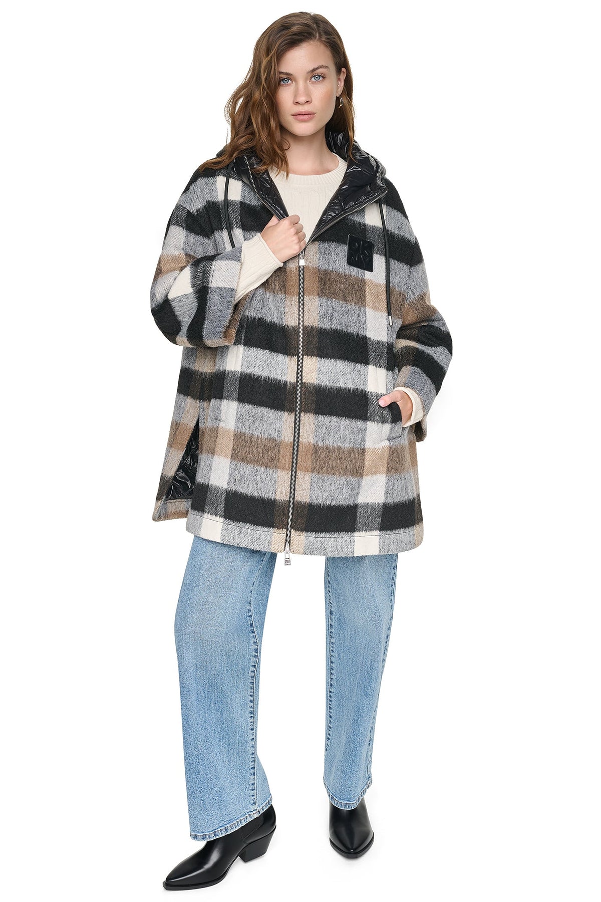 DKNY PLAID HOODED CAPE COAT