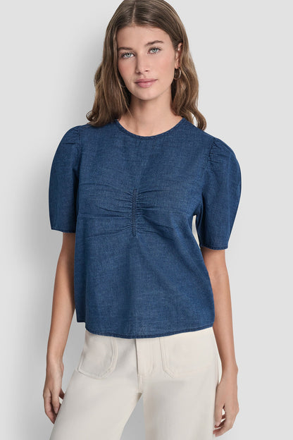 DKNY PUFF SLEEVE RUCHED FRONT SHIRT