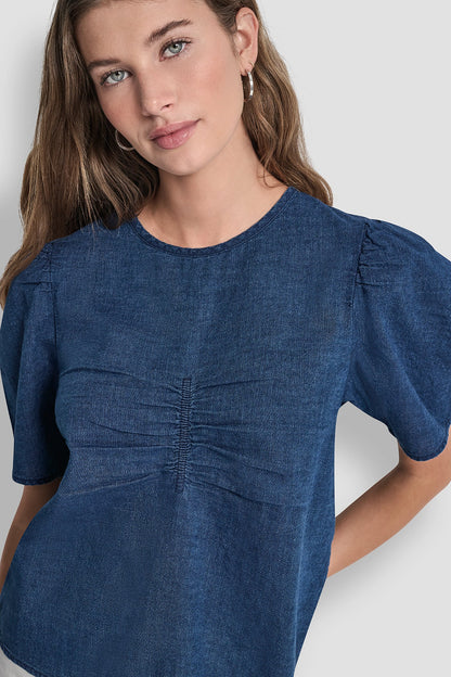 DKNY PUFF SLEEVE RUCHED FRONT SHIRT