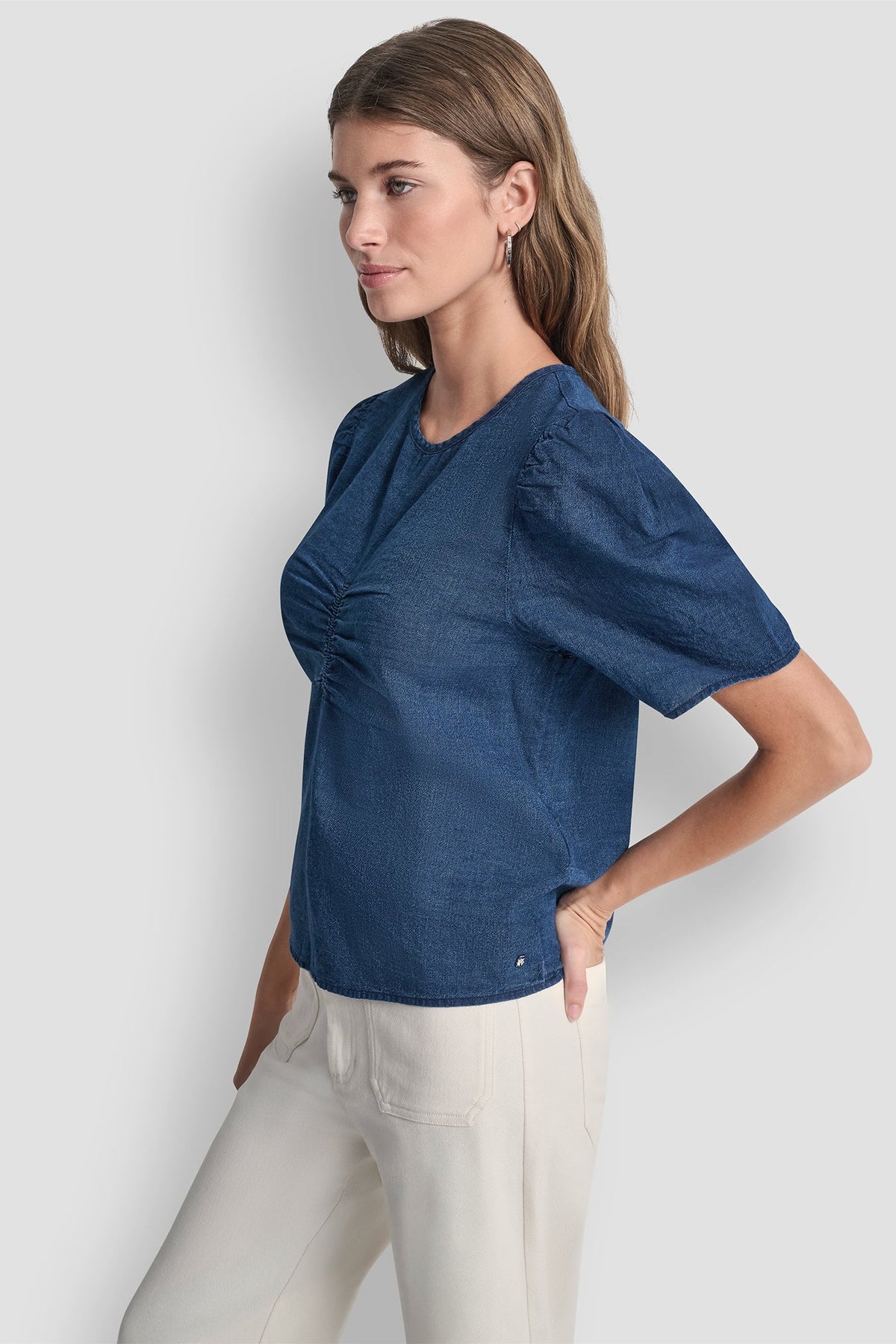 DKNY PUFF SLEEVE RUCHED FRONT SHIRT