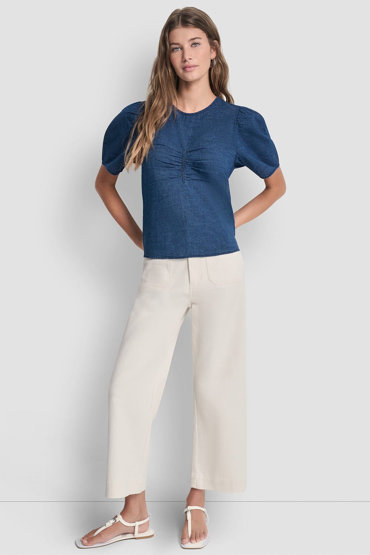 DKNY PUFF SLEEVE RUCHED FRONT SHIRT