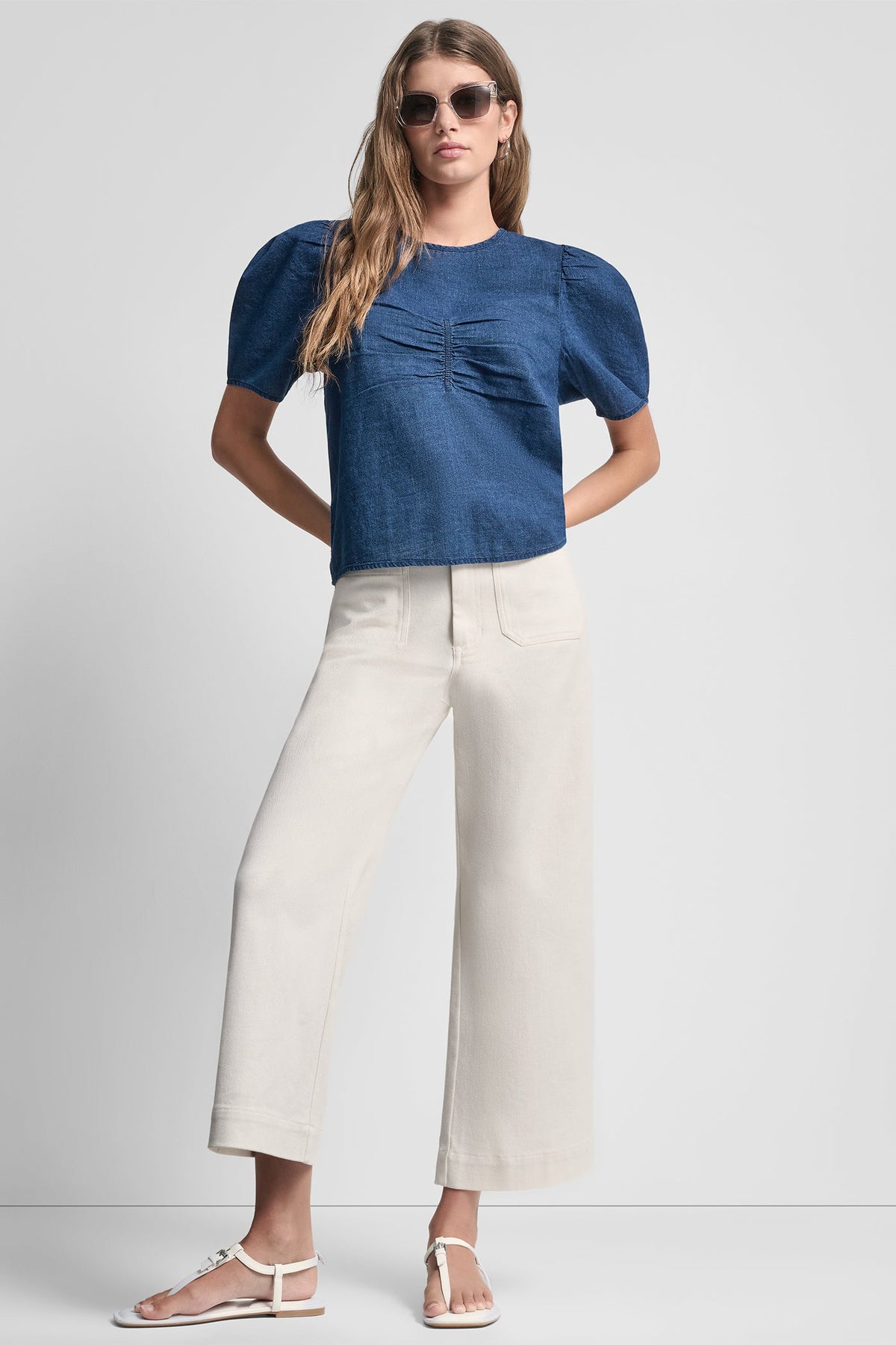 DKNY PUFF SLEEVE RUCHED FRONT SHIRT