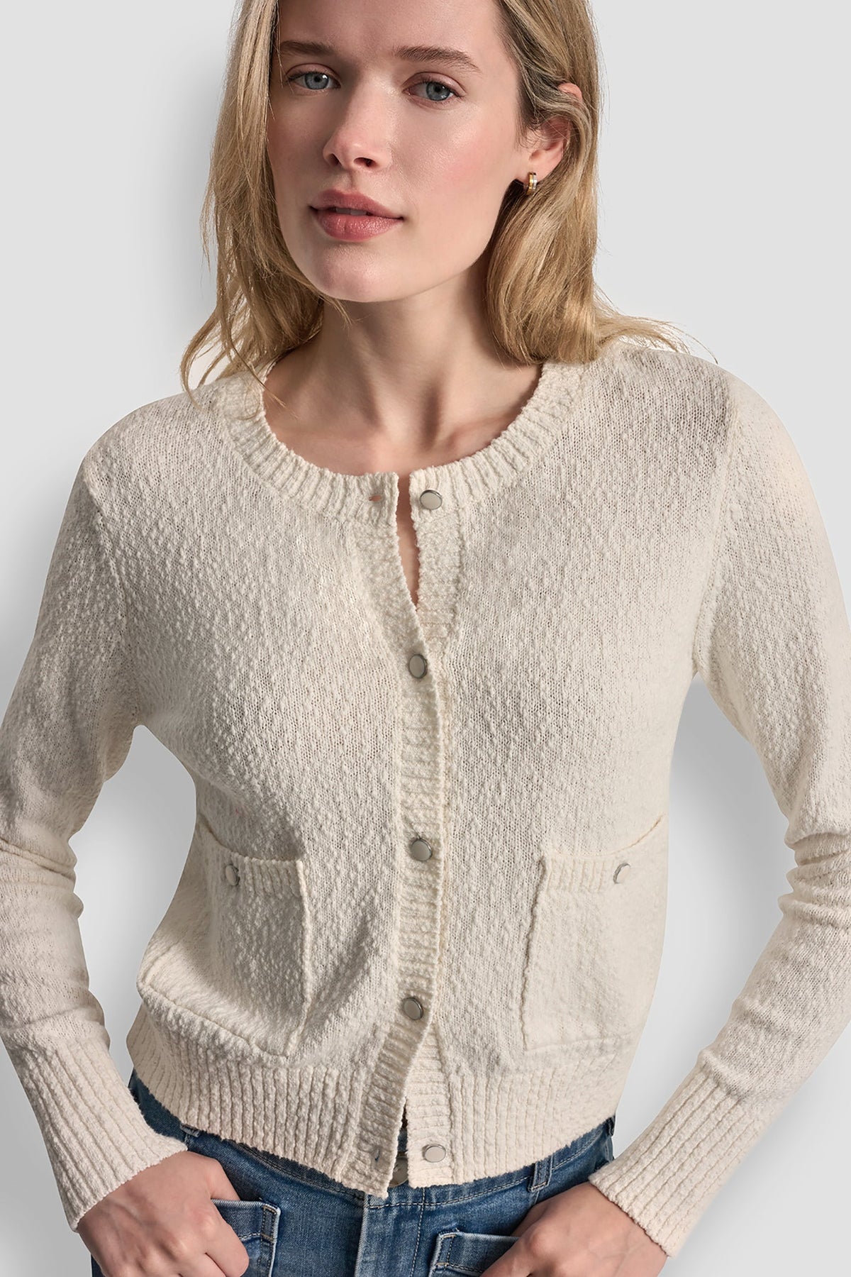 DKNY CREW NECK CARDIGAN WITH PATCH POCKETS