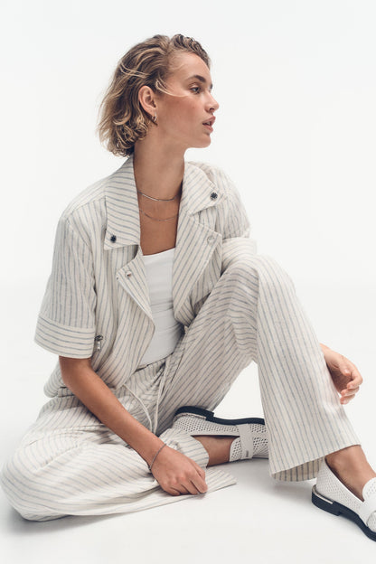 DKNY PINSTRIPE SHORT SLEEVE MOTO JACKET