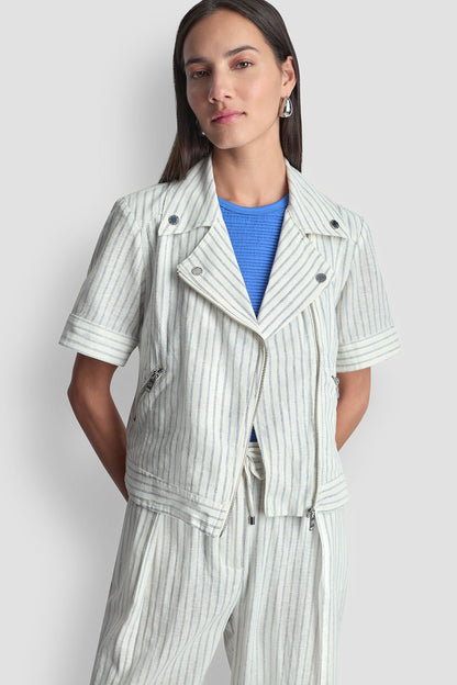 DKNY PINSTRIPE SHORT SLEEVE MOTO JACKET