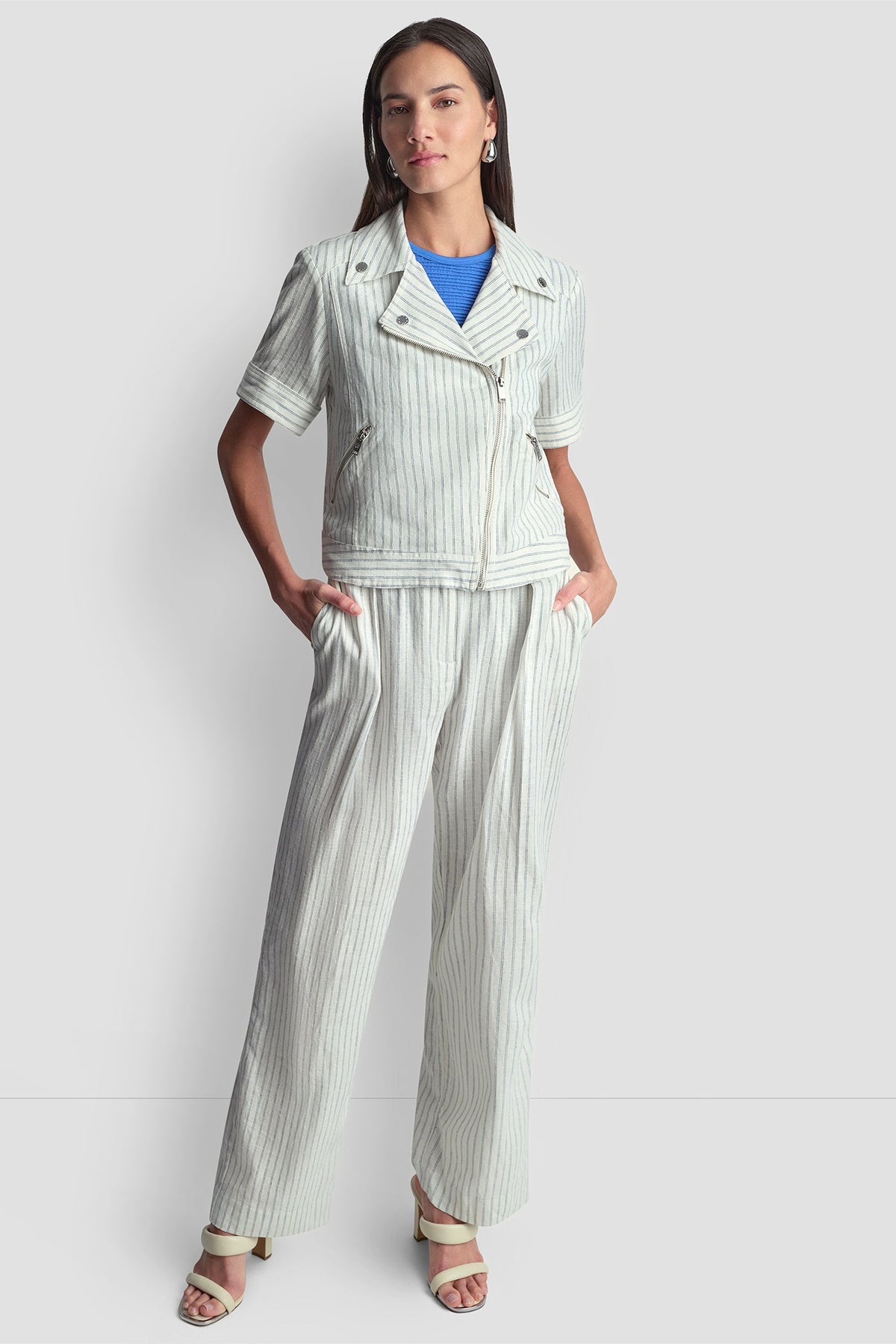 DKNY PINSTRIPE SHORT SLEEVE MOTO JACKET