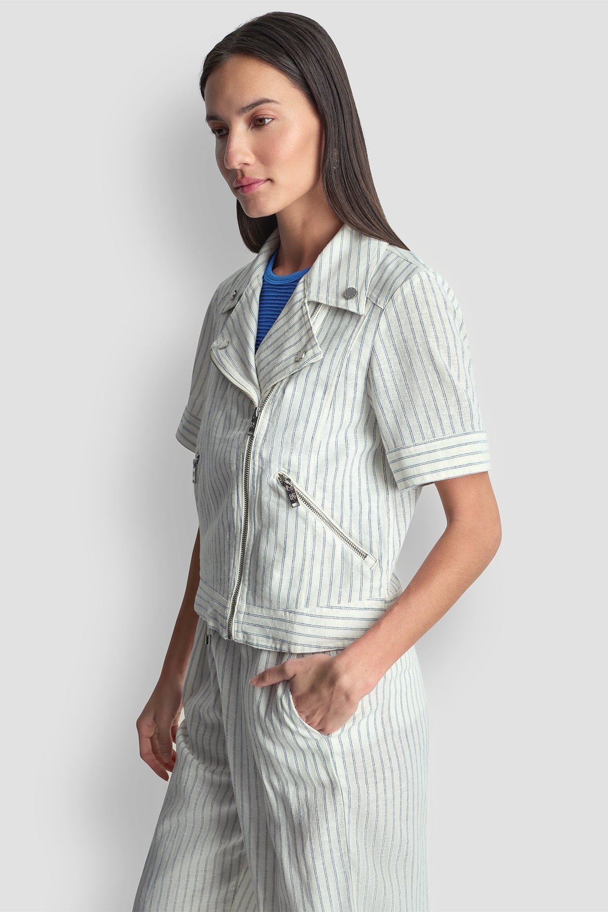 DKNY PINSTRIPE SHORT SLEEVE MOTO JACKET