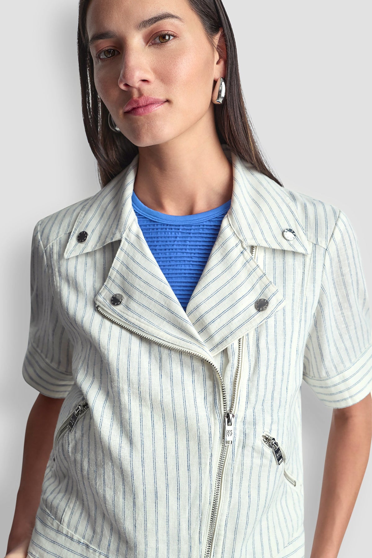 DKNY PINSTRIPE SHORT SLEEVE MOTO JACKET