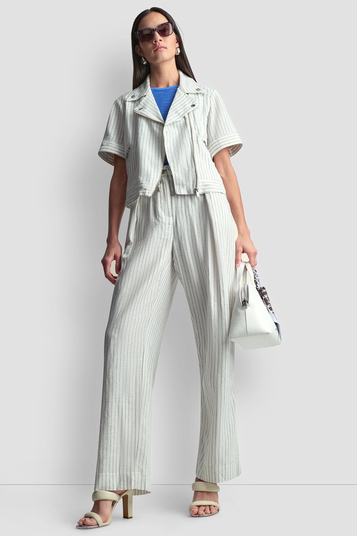 DKNY PINSTRIPE SHORT SLEEVE MOTO JACKET