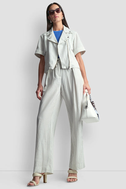 DKNY PINSTRIPE SHORT SLEEVE MOTO JACKET