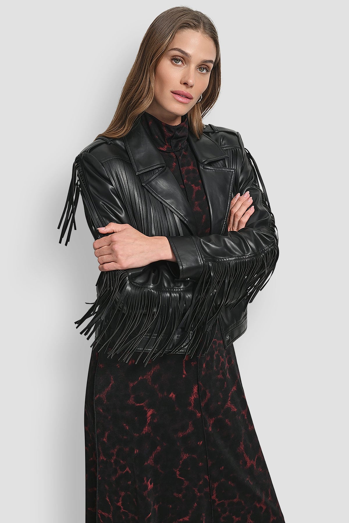 DKNY LONG SLEEEVE FRINGE CROP JACKET