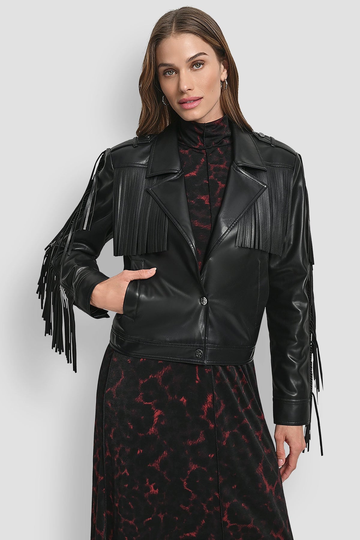 DKNY LONG SLEEEVE FRINGE CROP JACKET