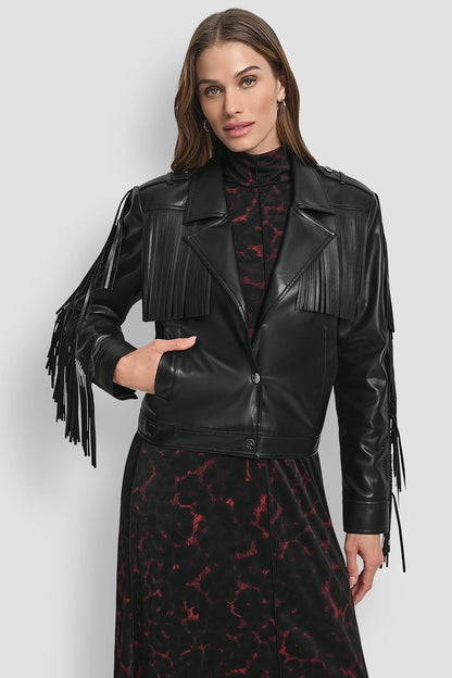 DKNY LONG SLEEEVE FRINGE CROP JACKET