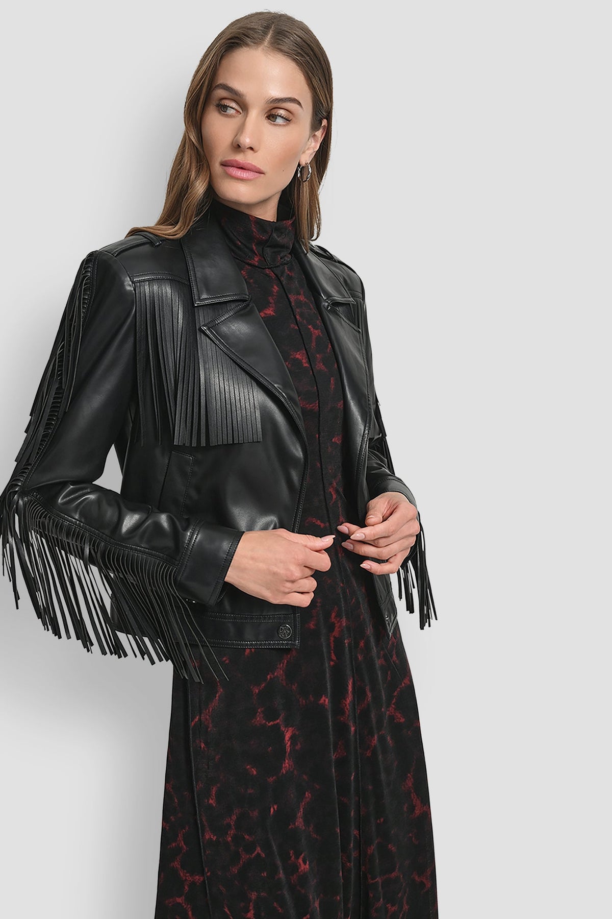 DKNY LONG SLEEEVE FRINGE CROP JACKET
