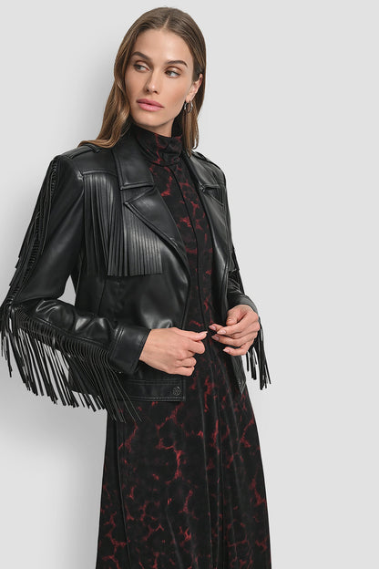DKNY LONG SLEEEVE FRINGE CROP JACKET